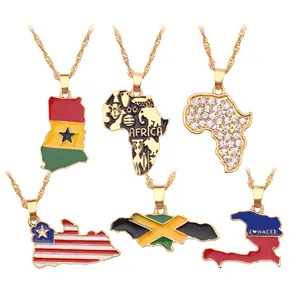 Kalung liontin Aloi bendera nasional berlapis emas kalung bendera peta negara Afrika Jamaican Jamaican hadiah bepergian