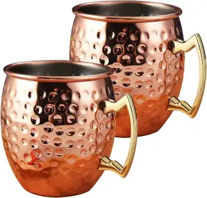 Moscow Mule kupaları 18 oz dövülmüş bakır kupalar paslanmaz çelik astar bakır kaplama fincan serin içecekler yapmak için kolları ile