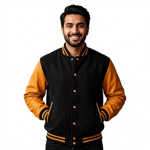 Veste Letterman américaine classique avec corps en laine noire et manches en cuir véritable orange CollegeBaseballjacket personnalisé pour hommes - Product Image 1