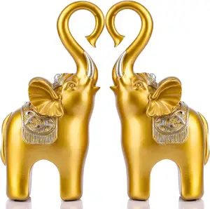 Un par de estatuas de elefante de resina, estatuas doradas modernas decoración del hogar, estatua de elefante de la suerte decoración interior artesanías