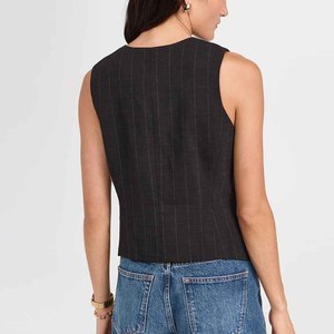 Produttori di abbigliamento personalizzato primavera estate autunno stampa gessata senza maniche abbottonatura a bottone girocollo - Product Image 4