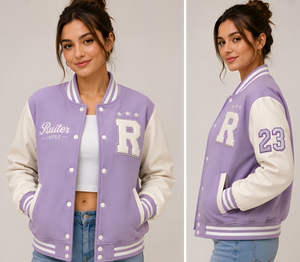Chaqueta Varsity Lila con Letra R Bordada en Blanco para Mujer, Estilo Preppy, Corte Regular, Cuello Camisero, Logotipo Frontal - Product Image 5