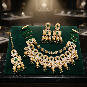 Ensemble de bijoux de mariée vintage en cuivre plaqué or de haute qualité avec cristaux, collier long Mala et boucles d'oreilles, certifié pour mariage et fête, vente en gros - Product Image 2