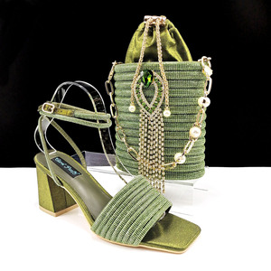 Strap square-toe thick-soled striped diamond-<b>studded</b> women's shoes - same style as the pearl tassel bucket <b>bag</b> shoe and <b>bag</b> set - Product Image 2