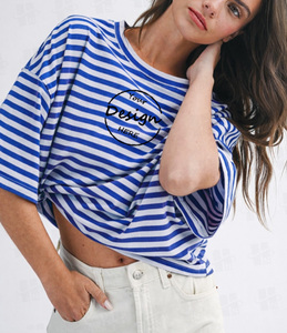 T-<span class=keywords><strong>shirt</strong></span> rayé surdimensionné en coton de haute qualité 180 GSM pour <span class=keywords><strong>femme</strong></span>, personnalisable avec broderie, vente en gros - Product Image 5