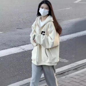 Women's Hooded Sweatshirt Apricot Thin Loose Fit Korean Style <b>Thick</b> <b>Cardigan</b> Early Autumn Coat - Product Image 2