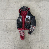 Sudadera con Capucha OEM de Algodón Pesado para Hombre, Roja y Negra, con Lavado Ácido, Reversible, Estampada, Estilo Y2K, Personalizada al por Mayor