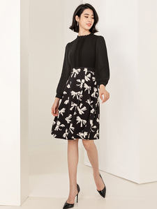 Abito Midi da Donna Primavera Autunno <span class=keywords><strong>Bianco</strong></span> e <span class=keywords><strong>Nero</strong></span> <span class=keywords><strong>con</strong></span> Stampa a Fiocco, Cerniere, Vita Naturale e <span class=keywords><strong>Colletto</strong></span> a Volant per Ufficio e Casual - Product Image 3