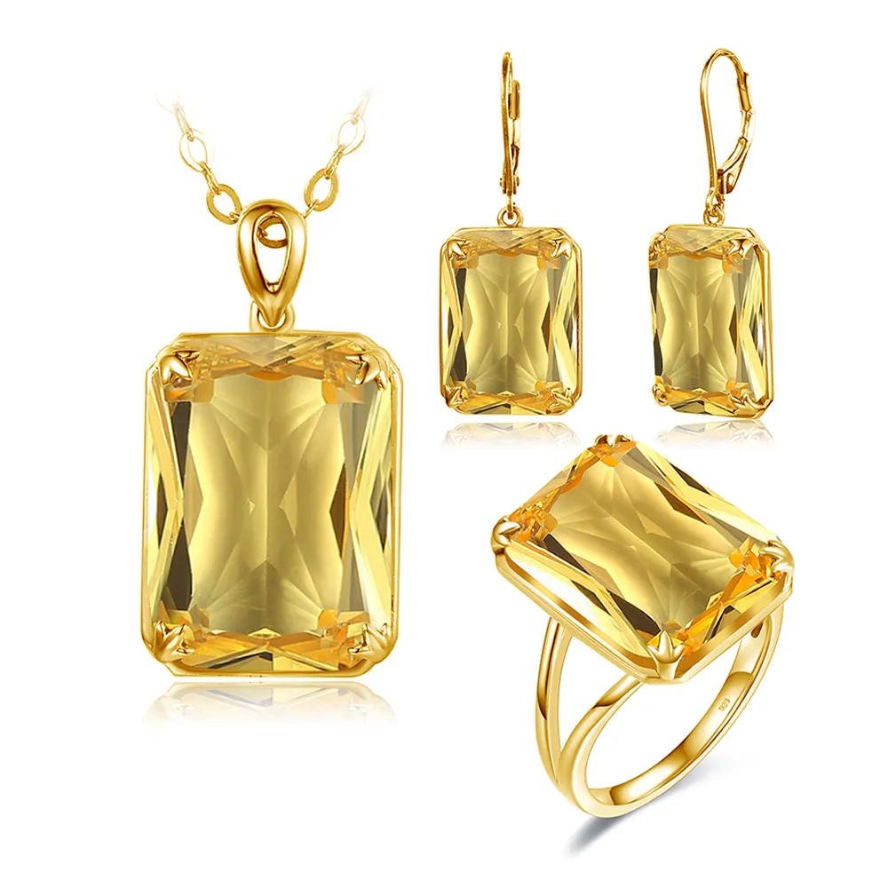 Luxe Dubai Sieraden Sets 24K Gold Plated Citrien Geel Edelsteen 925 Zilveren Bruids Bruiloft Sieraden Set Fabrikant