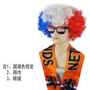 Perruque <span class=keywords><strong>Afro</strong></span> Couleurs Drapeau Européen avec <span class=keywords><strong>Foulard</strong></span> et Lunettes, Ensemble Logo Équipe Nationale et Ballon de Football pour Déguisement - Product Image 2