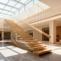 Escalier flottant moderne en bois massif pour intérieur, avec rampe en verre/bois, marches en acier et bois avec éclairage LED, écologique, couleur personnalisable