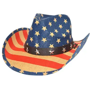 2024 Hot Selling American Flag Ins Style Flag Print Breathable Western Straw Cowboy Hat