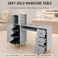 Table de manucure pour salon de beauté avec plateaux de rangement coulissants, repose-mains rembourré, plusieurs armoires et tiroirs, en bois, facile à nettoyer, pour utilisation en salon.