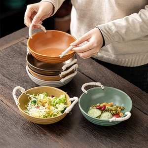 Bandeja Profunda de Cerámica con Asas de Cuerda, Varios Colores, para Servir Ensaladas, Uso en Hoteles y Restaurantes - Product Image 1