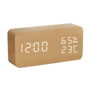 Hölzerner LED-Digital wecker für Schlafzimmer Smart Tisch uhr mit Datums thermometer Luft feuchtigkeit 3 Alarme LED-Anzeige, Ton steuerung