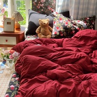 Parure de lit 4 pièces en coton lavé épais de qualité supérieure, motif floral et blocs de couleur, pour la décoration de la chambre à coucher