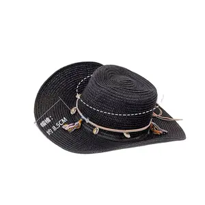 Unique Tassels Shell Summer Outdoor Sunshade Beach Sun Hats Wide Brim 8.5cm Paper Straw Cowboy Hat