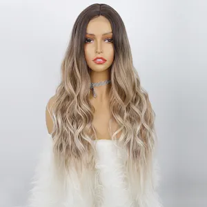 Aisi Hair Heat Resistant Synthetic Lace Hair Wig Top Quality Cheap Wholesale Ombre Brown Dark Root Curly Long Body Wavy Women