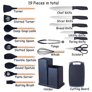 Ensemble d'ustensiles de cuisine 19 pièces en silicone avec planche à découper, support de rangement et couteau à manche en bois - Product Image 4