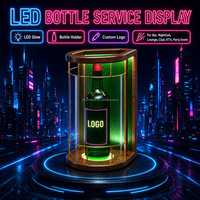 Présentoir de bouteilles d'alcool lumineux à LED en cage fermée avec cadre métallique à grain de bois et logo personnalisé pour bars, discothèques et salons VIP