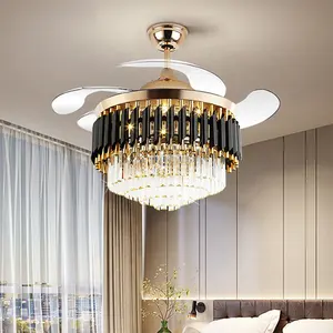 Moderne Luxe Opknoping Lamp Intrekbare Licht Zwart Goud Crystal Kroonluchter Afstandsbediening Led Plafond Fans