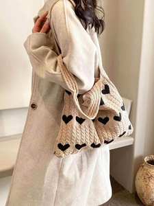 Bolso Tote Tejido Estilo Boho Chic con Patrón de Corazones, Bolso de Hombro de Ganchillo para Chicas - Product Image 3