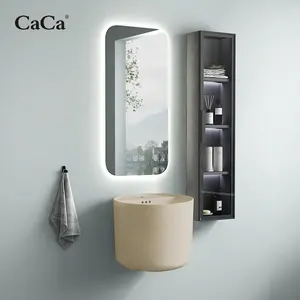 CaCa New Arrival Round Yellow Bathroom Sink Porcelain 1 Piece Wall Hung Basin With Smart Mirror And Cabinet