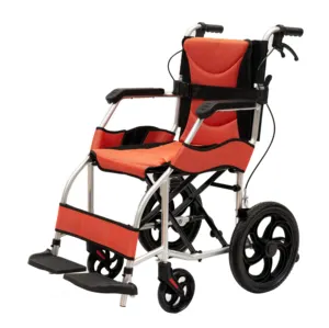 橙色铝制轮椅安全产品，带固定扶手和腿部靠背软座椅折叠设计，用于康复