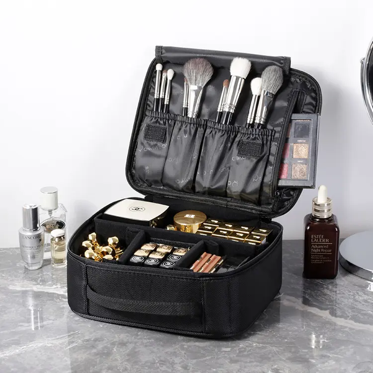 Wholesale Custom Black Waterproof Portable Cosmetic Case Travel Packaging Bag Organizer Makeup Toiletry Bag With Compartment