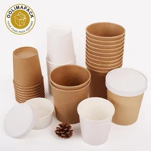Kertas Cetak Kustom Dicetak Sekali Pakai Panas Insulated Sup Mangkuk Kertas Kraft Soup Cup dengan Kertas Tutup