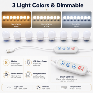 8 Bulb <b>LED</b> Vanity <b>Mirror</b> Lights USB Powered <b>Makeup</b> <b>Mirror</b> Lighting Kit 3 Colors Dimmable Holywood Style <b>Mirror</b> Lamp - Product Image 2