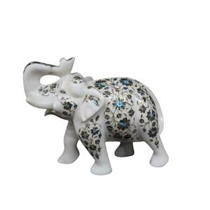 Figura de Elefante de Mármol Blanco con Marquetería Floral, Estatua Hecha a Mano Exquisitamente Tallada, Obra de Arte Decorativa para el Hogar - Product Image 1