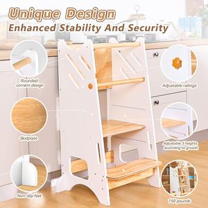 Toddler Tower, <b>Stool</b> for Kitchen, White Safty Rail Non-slip Pads 3 <b>Height</b> <b>Adjustable</b> Chalkboard Use Kitchen - Product Image 2