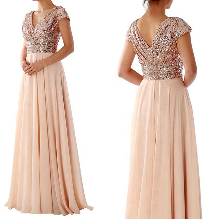 Custom Prom Dress Long Evening Gowns Cap Sleeves V Neck Sequin Chiffon Rose Bridesmaid Dresses Champagne