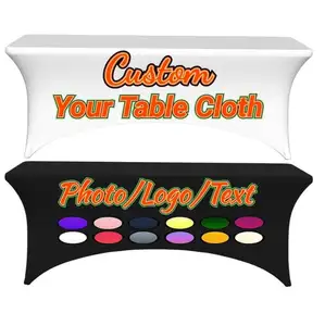 Pelindung penutup meja elastis 8 kaki cetak kustom dengan Logo bisnis foto teks untuk acara tren ulang tahun pernikahan