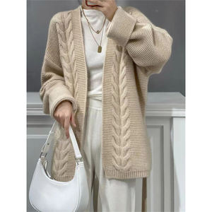 Cárdigan de lana 100 grueso de siete agujas personalizado para <span class=keywords><strong>mujer</strong></span>, chaqueta de suéter de Cachemira de estilo suelto y perezoso sin botones de longitud media - Product Image 2