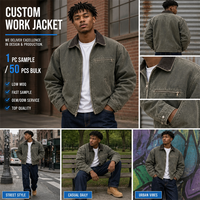 Veste de travail OEM vintage en toile délavée, col en velours côtelé de coton épais, poches zippées, manteau utilitaire robuste