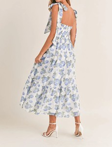 เดรสยาวลายดอกไม้สีฟ้า คอปกสี่เหลี่ยม แต่งระบาย ระบายอากาศได้ดี สไตล์ลำลอง สายผูกเอว สำหรับฤดูร้อน - Product Image 2