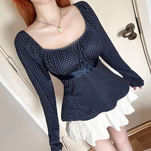 Camiseta de Manga Larga para Mujer, Primavera-Verano 2026, Ecológica, Corte Ajustado, con Estampado de Lunares, Detalle de Volantes en el Busto y Lazo, Estilo Casual para Citas - Product Image 5