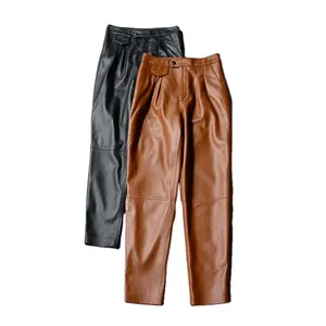 High Waist Lambskin Narrow Leg Awl Pants With Pocket Hot Design Women Genuine Leather Trousers