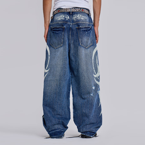 Pantalones vaqueros desgastados de 5 bolsillos para <span class=keywords><strong>hombre</strong></span>, pantalones vaqueros de calle holgados con estampado de <span class=keywords><strong>tatuaje</strong></span> de descarga - Product Image 4