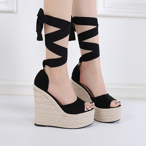 Sandales compensées en daim à lacets pour <span class=keywords><strong>femme</strong></span>, style <span class=keywords><strong>espadrille</strong></span>, plateforme, talons hauts, pour l'été - Product Image 4