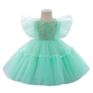 Phong Cách Châu Âu Sáng Bóng Công Chúa Cô Gái Bên Dresses Màu Xanh Lá Cây Fluffy Lưới Bé Gái Sinh Nhật Dresses Một Năm Phép Rửa Tuổi Ăn Mặc - Product Image 1