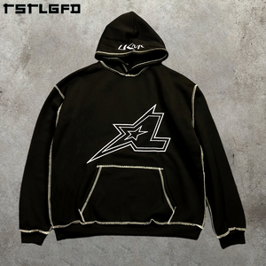 Pull-over épais en tissu recyclé Sweats à capuche à points contrastés Ligne de passepoil Baggy Hoodies pour hommes Sweats à capuche en molleton court pour hommes - Product Image 3