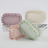Trousse de Toilette Monogramme à Expédition Rapide Keymay, en Polyester Doux, Motif Gingham Bleu Rose Sauge, Pochette Cadeau à Volants, Sac de Maquillage à Carreaux