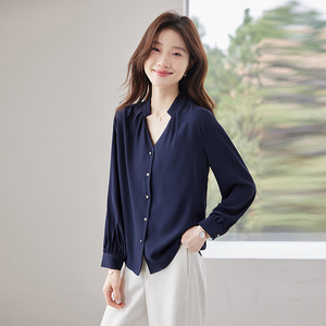 Royal Blue V-neck Shirt Women Long Sleeve Button Front Solid Color Office Wear Polyester Poplin Blouse Spring Autumn 2025 - Product Image 3
