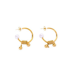 Fashion Drop <b>Earrings</b> <b>Gold</b> Plated 316L Stainless Steel Pearl Bead <b>Dangle</b> Hoop <b>Earrings</b> - Product Image 1