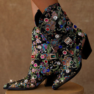 Women Colorful Diamonds Mid Calf Booties Pointy Toe High Wedge Heels Short Boots Slip-On Autumn <b>Shoes</b> - Product Image 1