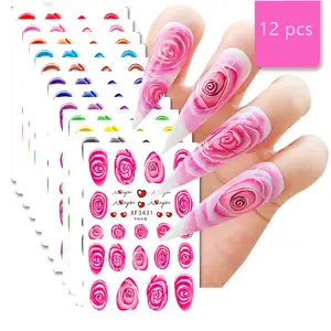 12 Types peints à la main Rose série ongles autocollants conceptions gommé fleur Nail Art autocollants décalcomanies Art décorations avec colle arrière