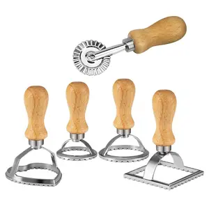 Ravioli ferramentas de decoração de cozinha, conjunto de molde com roda de rolo com cabo de madeira e borda fluída